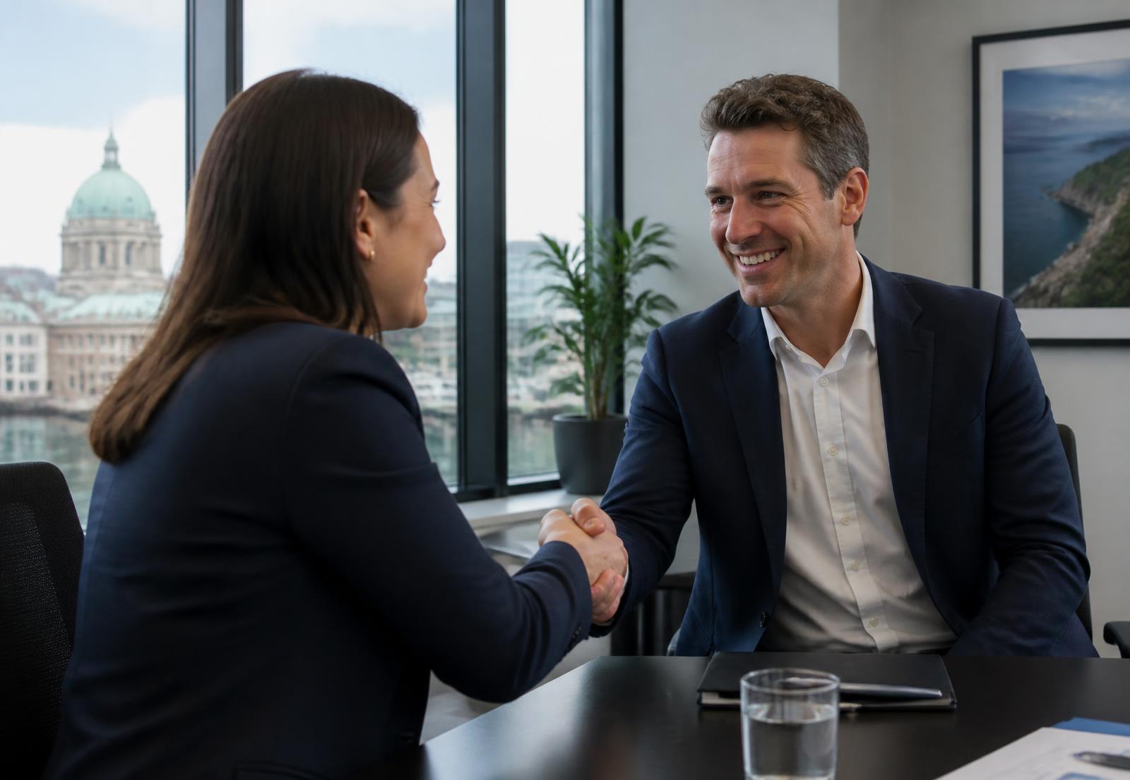 Two business professionals shaking hands in a bright Irish office